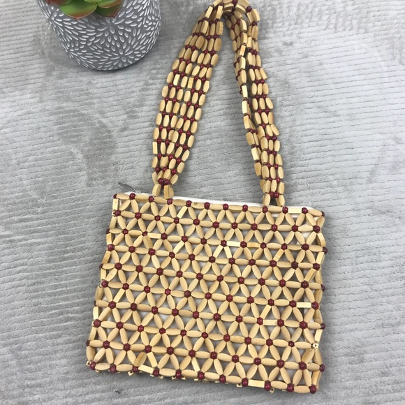 Vintage Bead Purse Handbag - Floral Tan Red - Picture 3 of 7